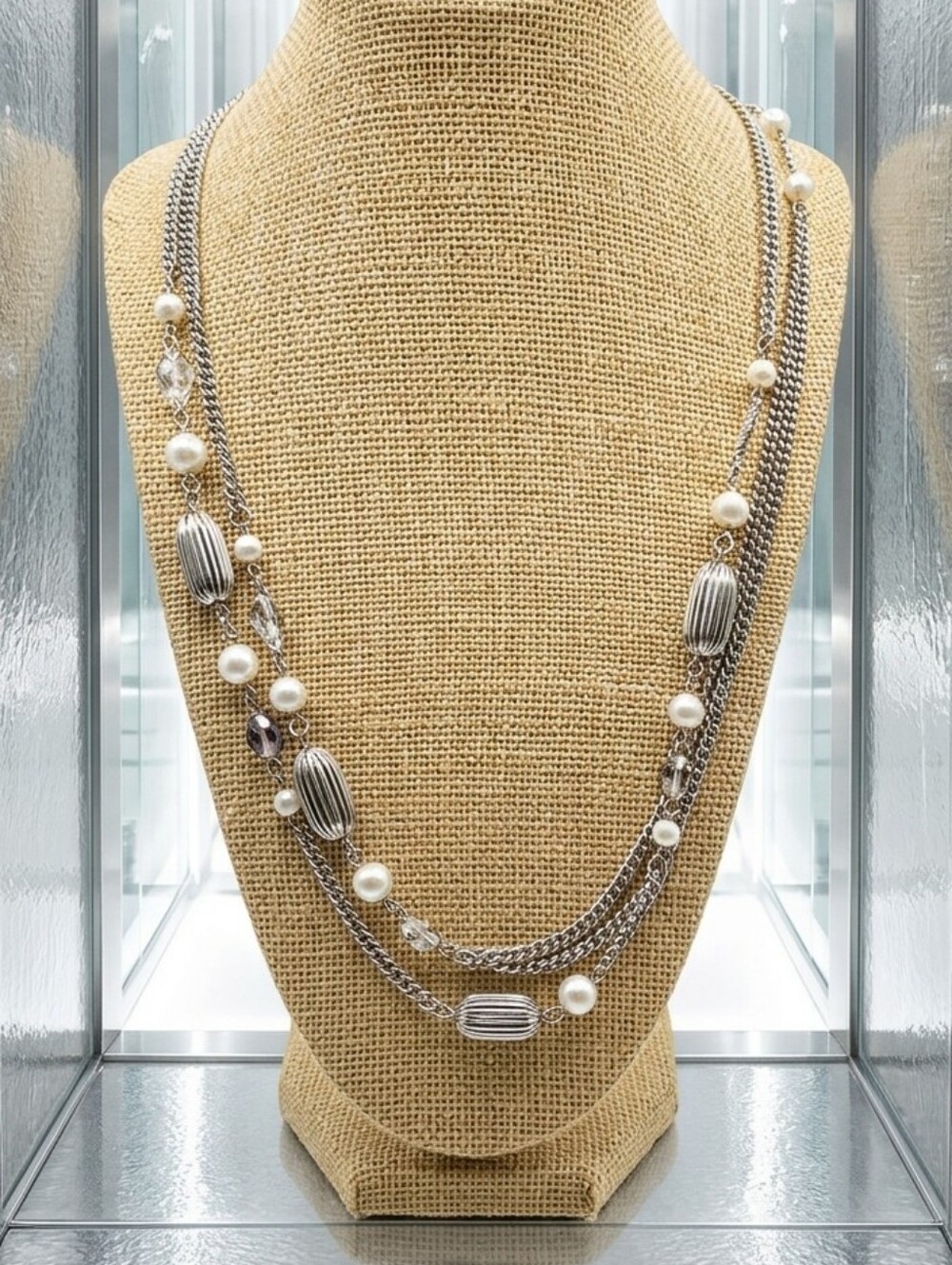 Vintage Multi-Strand Silver & Pearl Necklace NOS